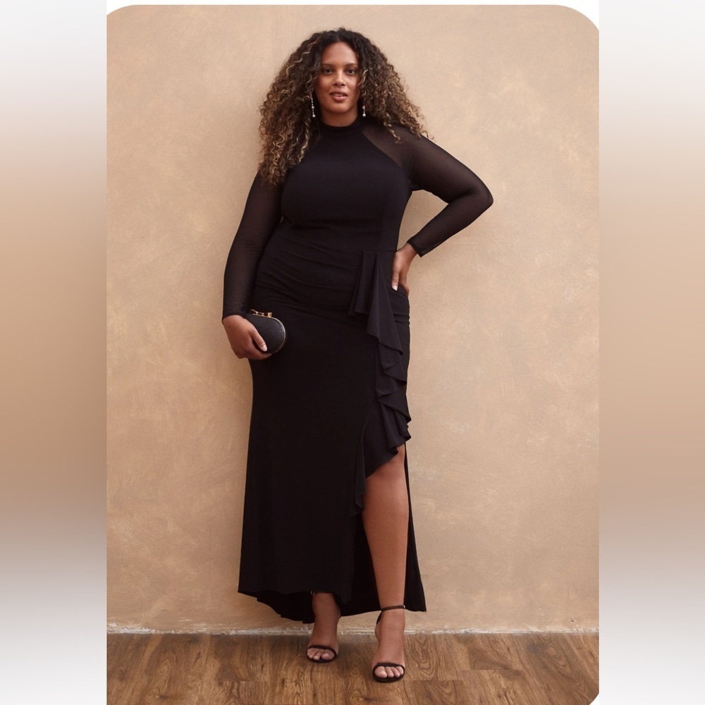Laura Plus formal black dress with mesh sleeves
